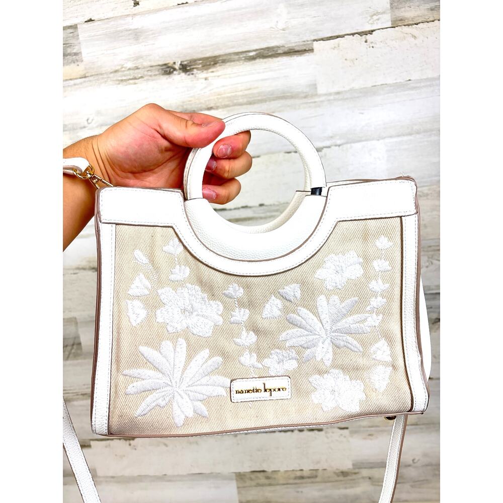 Nanette Lepore Womens Beige White Shawna Embroidered Round Handle Satchel Bag